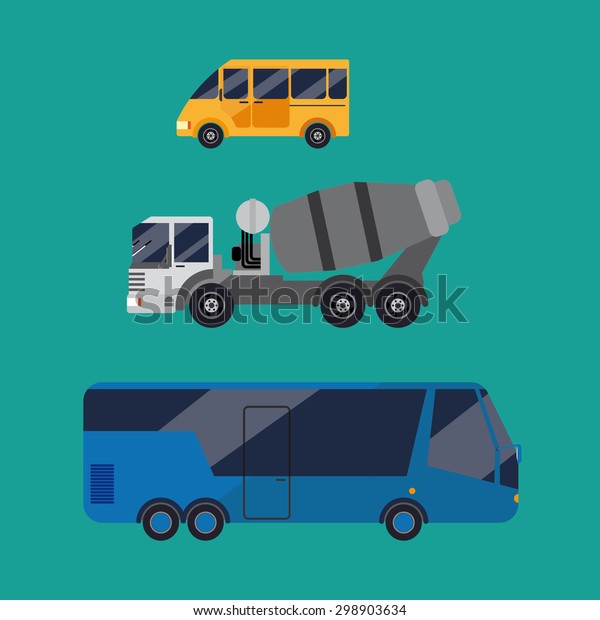 Set of transport. It includes bus, cement,\
taxi. Green background.