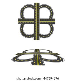 Set the transport interchange. Highway with yellow markings. Top view and in perspective. Vector illustration