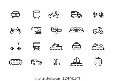 Set of transport line icons. Car, quad bike, motorcycle, scooter, seg way, bus, train, yacht, ship, container ship, scooter, plane, helicopter, taxi, tram, bike, trolleybus, motorbike. Flat  icon.