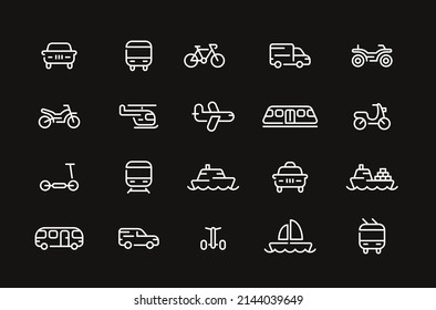 Set of transport line icons. Car, quad bike, motorcycle, scooter, seg way, bus, train, yacht, ship, container ship, scooter, plane, helicopter, taxi, tram, bike, trolleybus, motorbike. Flat  icon.