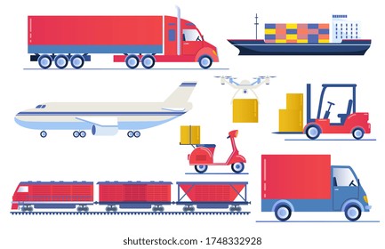 Set of transport logistics designs with truck, cargo train scooter, van, container ship, airplane and front end loader, colored vector illustration