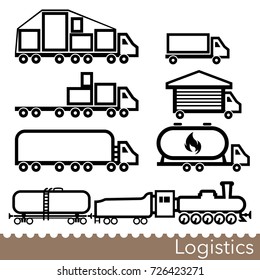 Set of transport logistics line icons with cargo vehicles. Trucks, tankers and cargo train. Vector Illustration