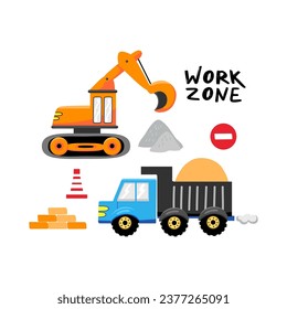 Conjunto de transporte sobre fondo blanco. Ilustración con camión de coches, tractor y excavadora. Vehículos infantiles para el diseño de habitaciones para niños, ropa, textiles. Vector