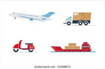 Set of transport on white background - car, ship, plane, scooter. Vector illustration - flat style.