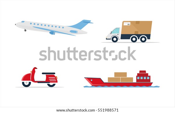 Set of transport on\
white background - car, ship, plane, scooter. Vector illustration -\
flat style.