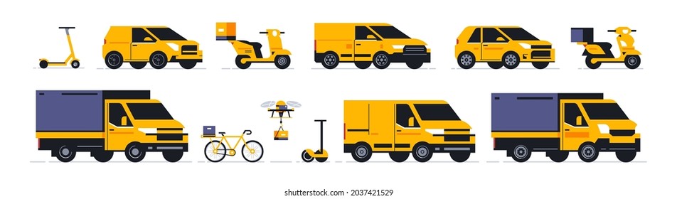 A set of transport for an online food delivery service and parcels to your home. Transport for delivery of orders. Scooter, moto, bike, car, van, cargo, truck, bicycle, drone. Vector illustration.