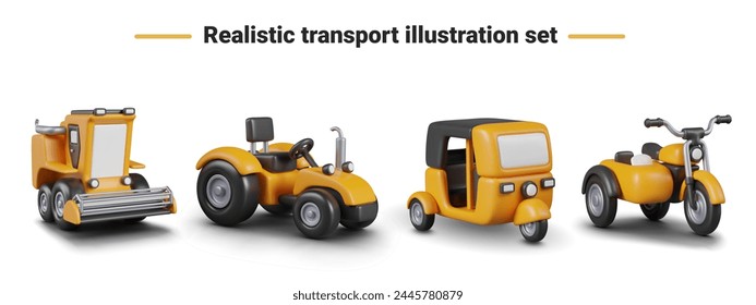 Set of transport in realistic style. Yellow and black harvester, tractor, auto rickshaw, tricycle