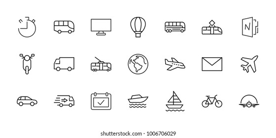 Set of Transport Related Vector Line Icons. Contains such Icons as Bus, Bike, Scooter, Car, balloon, Truck, Tram, Trolley, Sailboat, powerboat, Airplane and more. Editable Stroke. 32x32 Pixel