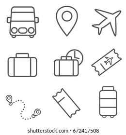Set of Transport Related Vector Line Icons. Contains such Icons as bus, airplane, suitcase and more.