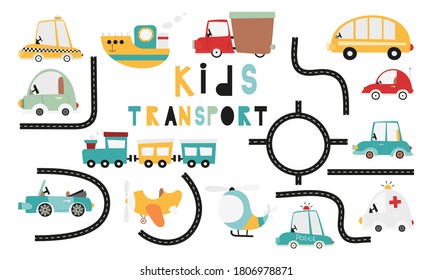 Set of transport and roads in scandinavian style. Template for use in kids goods design – fabric, nursery, packaging. Vector illustration isolated on white background. Cartoon cars, taxi, cabriolet.