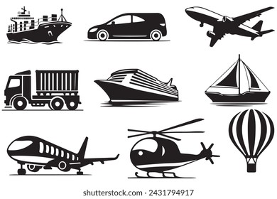 Set of transport silhouette illustrations featuring various vehicles