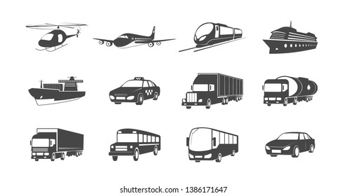 Set of Transport Symbols. Helicopter, Airplane, Train, Cargo Ship, Taxi Car, Truck, School Bus, Automotive and more.