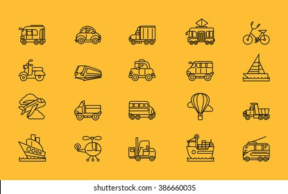 Set of transport thin, lines, outline, strokes icons. Different kinds of transport airplane, bicycle, train, automobile, balloon, ship, sailboat black on yellow. For web mobile applications 
