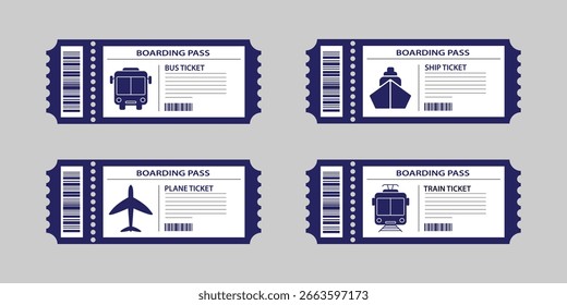 Conjunto de billetes de transporte para tren, avión y barco