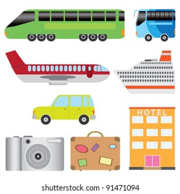 Set of transport and tourism on the white background.