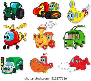 Set of transport: tractor, excavator, submarine, helicopter, train, trolleybus, lorry, ship and aircraft. Vector illustration for kids