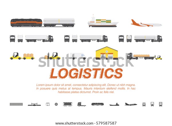 Set transport for transportation of goods. Land\
transportation, air and sea freight. Logistic concept flat vector\
illustration for business.