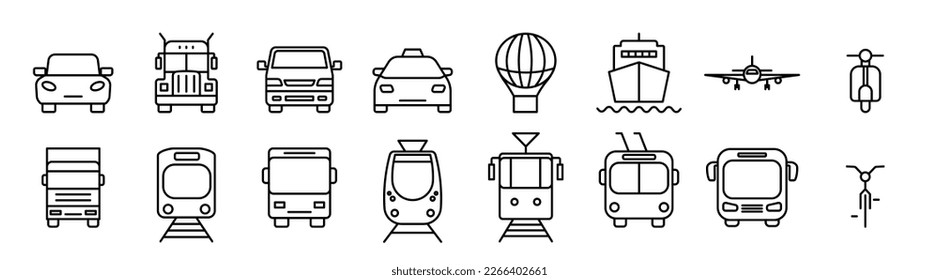 Conjunto de iconos vectoriales de línea delgada de tipo de transporte
