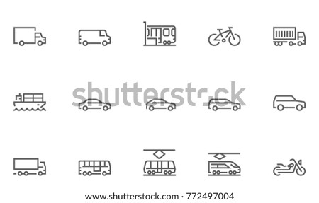 Set of Transport Vector Line Icons with Train, Tram, Bike, Bus, Car and more. Editable Stroke. 48x48 Pixel Perfect.