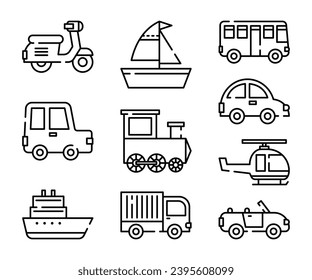 Juego de iconos de la línea del vehículo de transporte. Motocicleta, auto, barco, velero, locomotora, bus, helicóptero, auto sin techo.