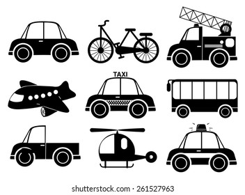 Set of transport vehicles in black color on a white background