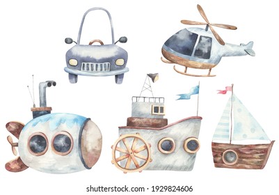 set of transport, vessel, ship, machine, submarine, helicopter illustration