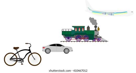 set of transportation bike, car, train, plane