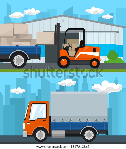 Set of\
Transportation and Cargo Services and Storage, Warehouse and\
Forklift Truck and Lorry with Boxes , Small Covered Truck ,\
Shipping and Freight of Goods, Vector\
Illustration
