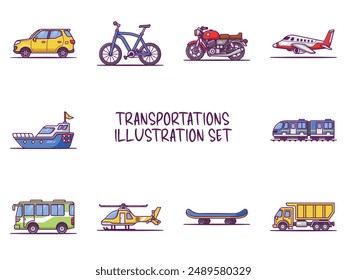 Set of Transportation  Cartoon Vector Isolated on a white background.