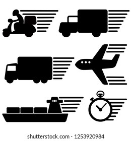 Set of transportation and clock icon black and white color with speed line