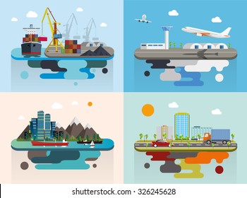 Set of transportation concept flat vector illustration flying island