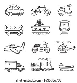 Set of transportation doodle vector illustration in cute hand drawn style isolated on white background 