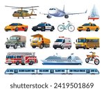Set of transportation elements. Collection of various kinds of vehicles. Vector cartoon illustration