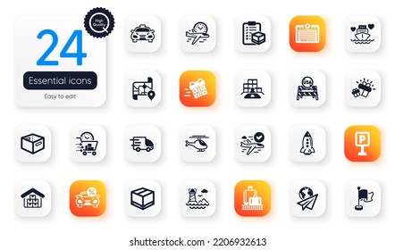 Set of Transportation flat icons. Gift, Confirmed flight and Lighthouse elements for web application. Parking garage, Parcel checklist, Truck delivery icons. Flight time, Office box. Vector