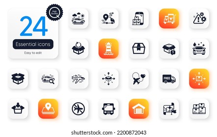 Set Of Transportation Flat Icons. Parcel Delivery, Mobile Inventory And Return Package Elements For Web Application. Delivery, Lighthouse, Wholesale Inventory Icons. Pin, Bus. Vector