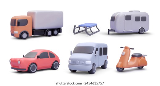 Conjunto de iconos de transporte en 3d estilo realista aislado sobre fondo blanco. Ilustración vectorial