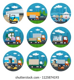 Set of Transportation Icons, Airplane with Autoloader at the Airport, Trucks Drive on the Road , Warehouse and Transportation Services ,Air Cargo Services and Freight, Vector Illustration