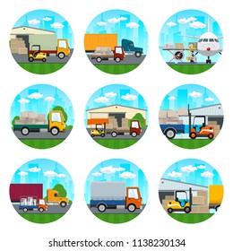 Set of Transportation Icons, Airplane with Autoloader at the Airport, Trucks with Different Loads , Warehouse and Transportation Services and Logistics, Air Cargo Services and Freight, Vector