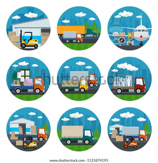 Set\
of Transportation Icons, Airplane with Autoloader at the Airport,\
Trucks Drive on the Road , Warehouse and Transportation Services\
,Air Cargo Services and Freight, Vector\
Illustration
