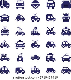 Conjunto de iconos de transporte con una Ilustración vectorial plana de símbolos de coche, camión, autobús y furgoneta para el diseño de tráfico de vehículos automotores