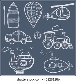Set of Transportation icons. Hand drawn vector illustration.Cartoon objects.