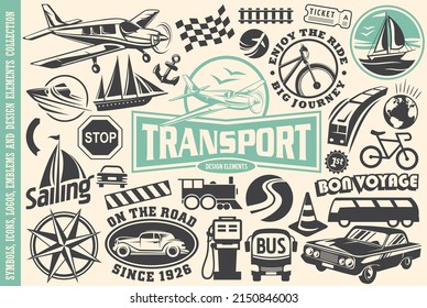 Set of transportation icons, logos, symbols, emblems, signs and design elements. Travel vector objects and vehicles. Various car, boat, airplane, train,bus, bicycle, ship, railroad and road graphics.