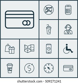 Set Of Transportation Icons On Accessibility, Takeaway Coffee And Plastic Card Topics. Editable Vector Illustration. Includes Compass, Road, Takeaway And More Vector Icons.