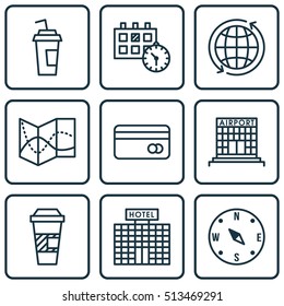 Set Of Transportation Icons On Airport Construction, Hotel Construction And World Topics. Editable Vector Illustration. Includes Road, Drink, Travel And More Vector Icons.