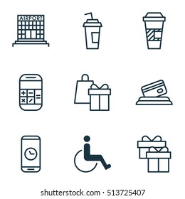 Set Of Transportation Icons On Airport Construction, Shopping And Takeaway Coffee Topics. Editable Vector Illustration. Includes Calculation, Building, Shopping And More Vector Icons.