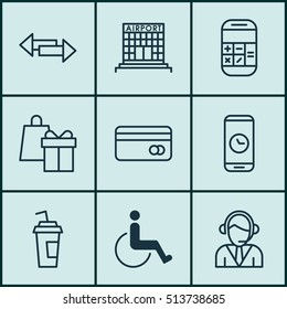 Set Of Transportation Icons On Airport Construction, Accessibility And Drink Cup Topics. Editable Vector Illustration. Includes Building, Crossroad, Gift And More Vector Icons.