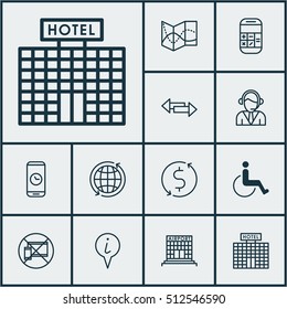 Set Of Transportation Icons On Calculation, Hotel Construction And Forbidden Mobile Topics. Editable Vector Illustration. Includes Dollar, Time, Travel And More Vector Icons.