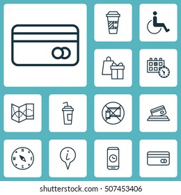 Set Of Transportation Icons On Credit Card, Appointment And Takeaway Coffee Topics. Editable Vector Illustration. Includes Credit, Locate, Cup And More Elements