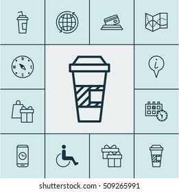 Set Of Transportation Icons On Credit Card, Drink Cup And Info Pointer Topics. Editable Vector Illustration. Includes Phone, Takeaway, Road And More Vector Icons.