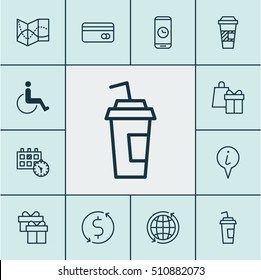 Set Of Transportation Icons On Drink Cup, Info Pointer And Money Trasnfer Topics. Editable Vector Illustration. Includes Phone, Holiday, Pointer And More Vector Icons.